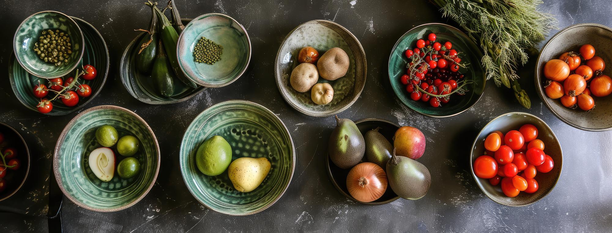 Stacked bowls and prepared ingredients on a table