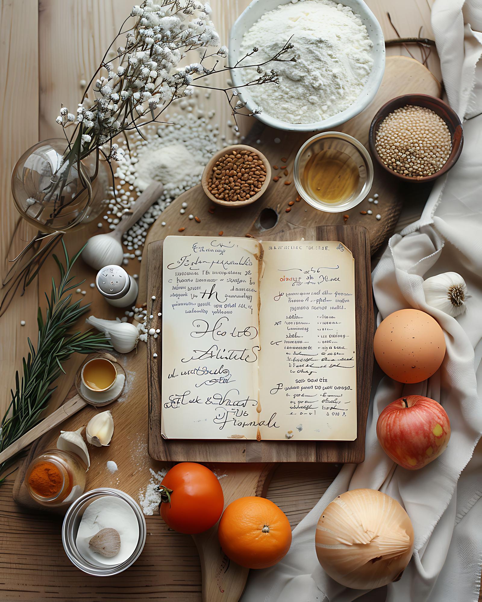 Set of ingredients and recipe notebook on a table